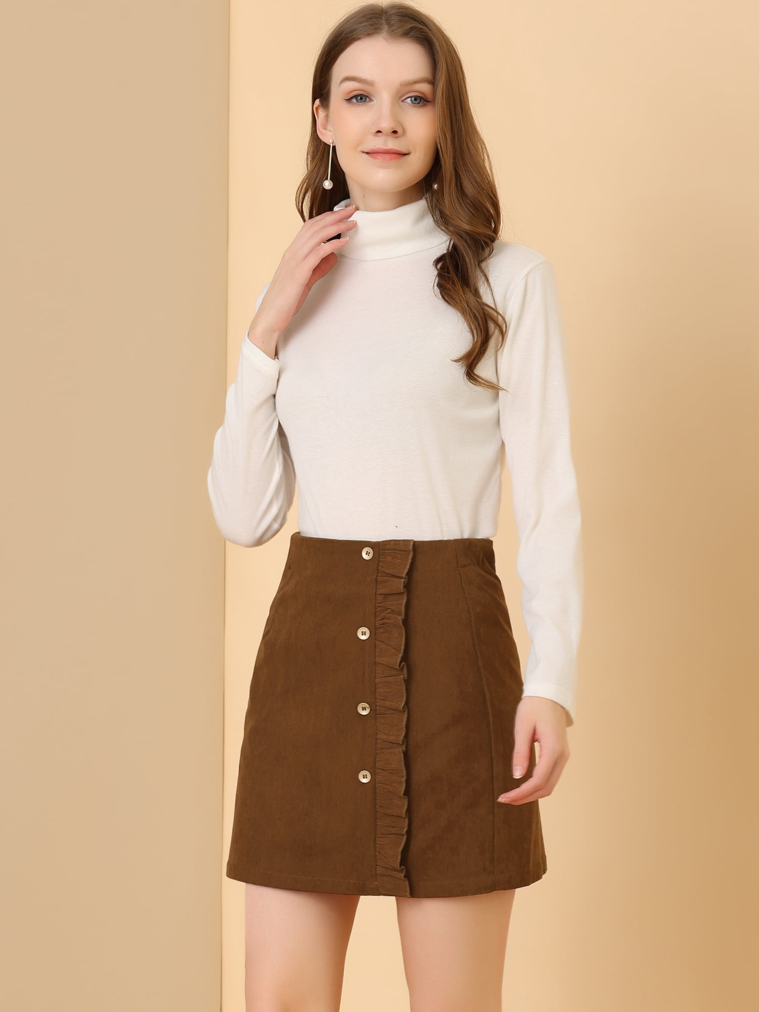 DARING DIVA Women's Button Decor Ruffled Trim Mini Skirt L Brown