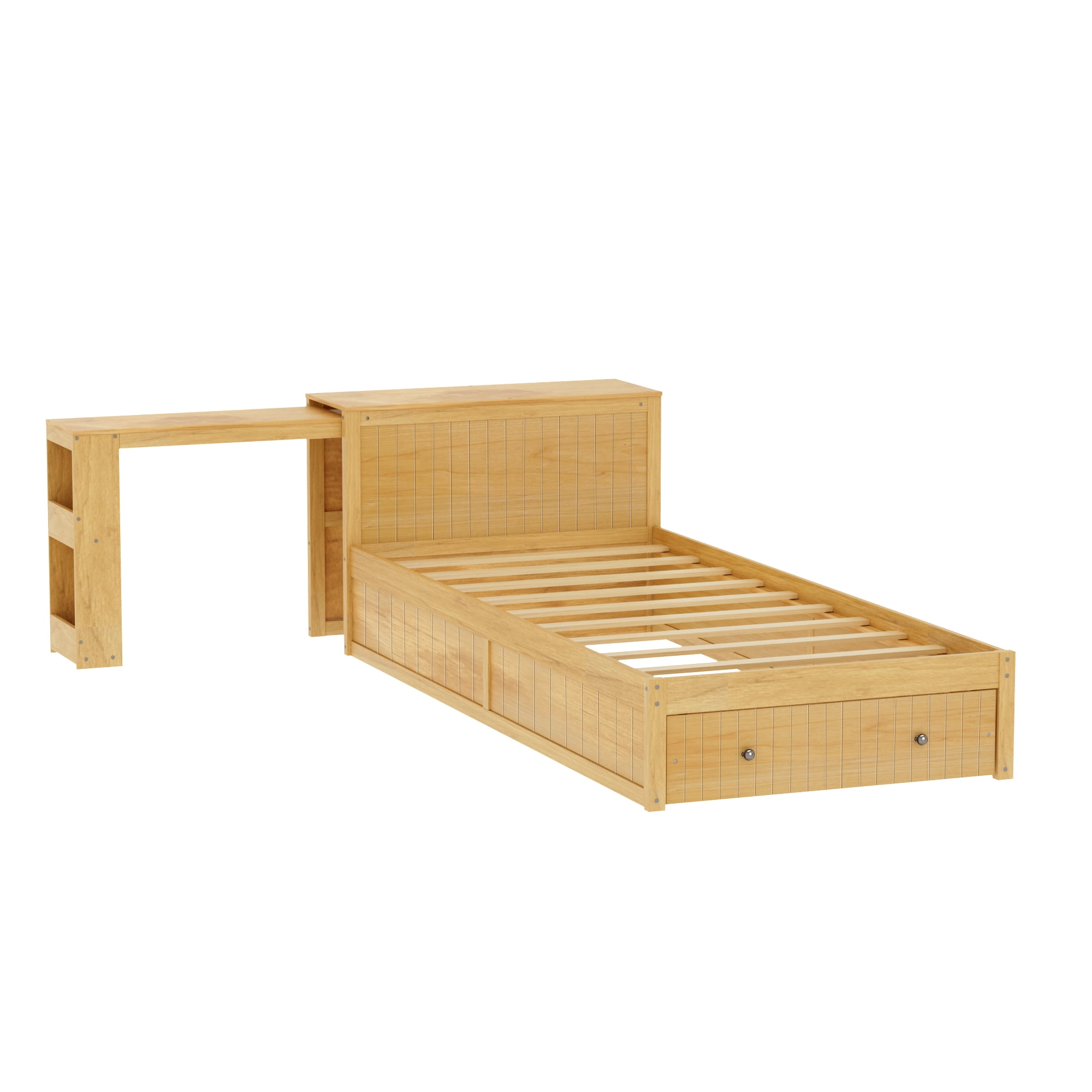 Mintazer Twin Size Platform Bed with Desk & Chair, Multifunctional Platform Bed with Storage Drawer & Side Open Shelves for Kids Teen Bedroom Apartmen, Natural