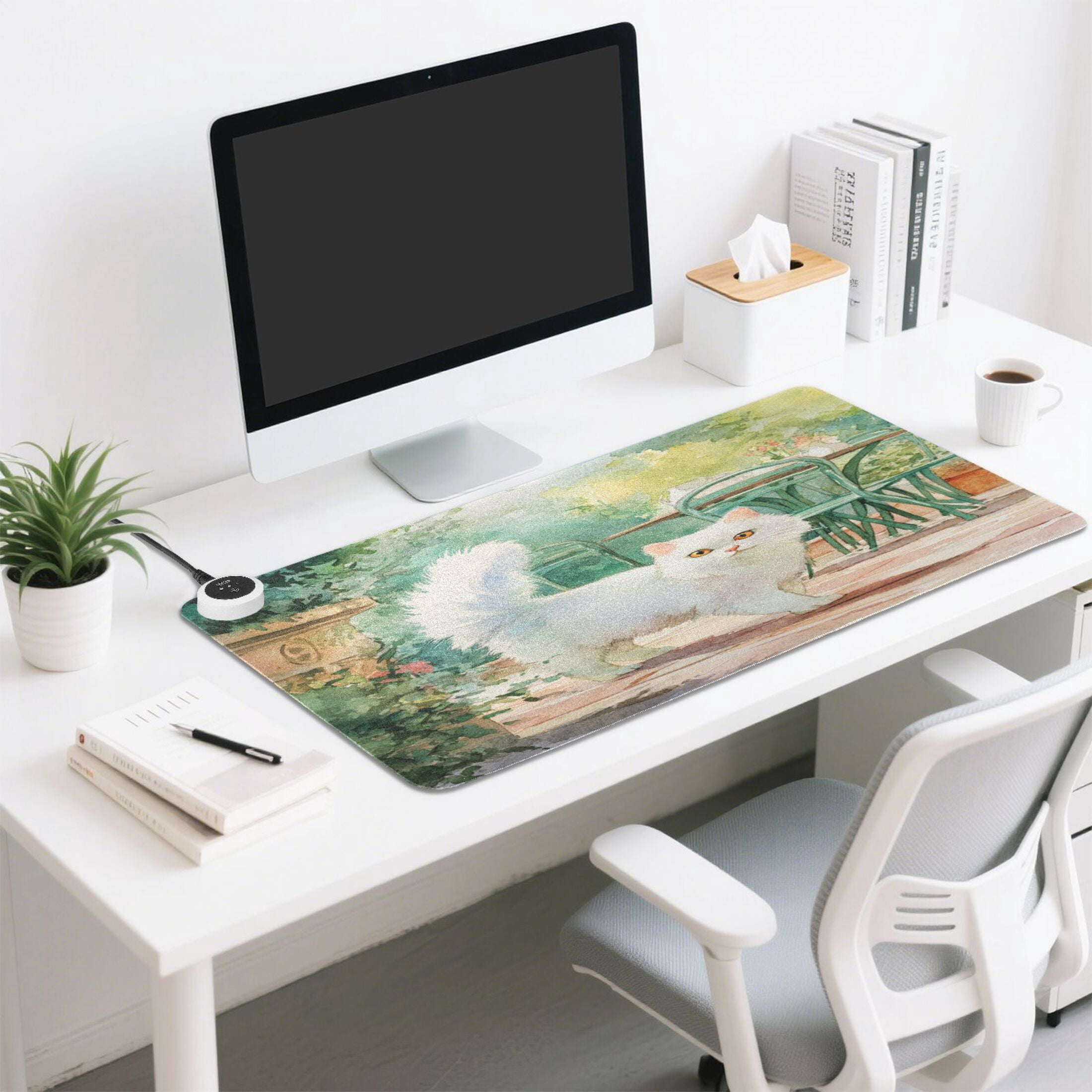 Large Heated Desk Mat Mouse Pad 31.5"x13"PU Leather Graphene Heating Desk Warmer with 3 Temperature Settings 110V US Plug Non-Slip Warm Pad for Home, Office, and Gaming Watercolor White Persian Cat