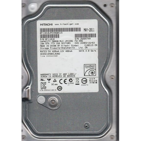 HCS5C1050CLA382, PN 0F11010, MLC JPC39G, Hitachi 500GB SATA 3.5 Hard Drive