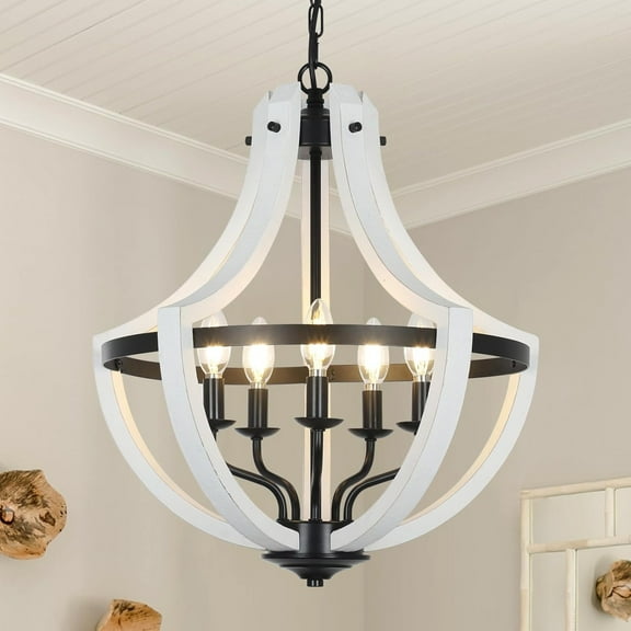 Farmhouse Rustic White Wood Chandelier, 5-Light Adjustable Pendant & Ceiling Light for Dining Room, Kitchen, Living Room