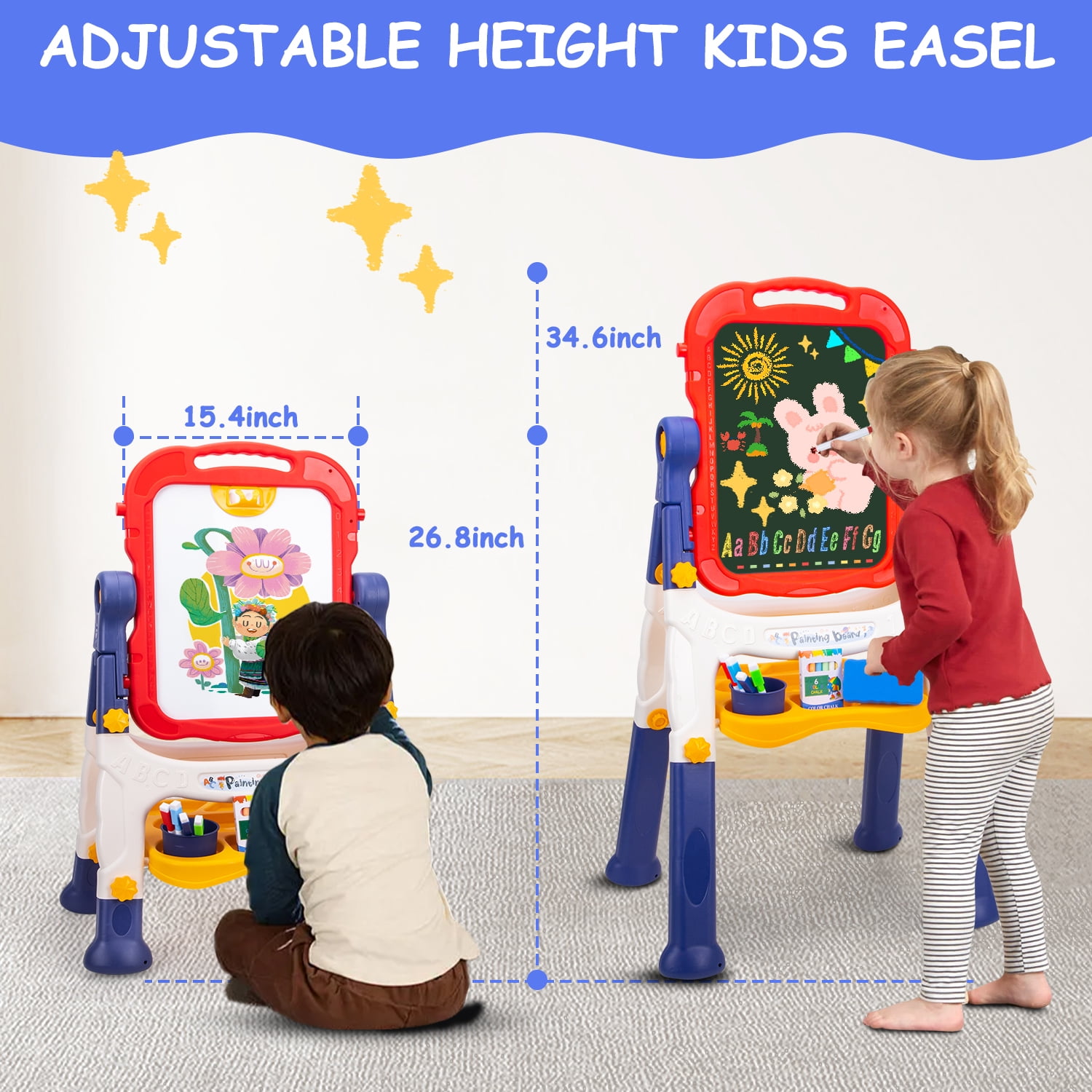 Xueyu Art Easel for Kids, Double Sided Kids Art Easel with Magnetic White Board Chalk Board, Adjustable Standing & Rotatable Toddler Easels with Drawing Accessories, Gift for Boys and Girls-Blue