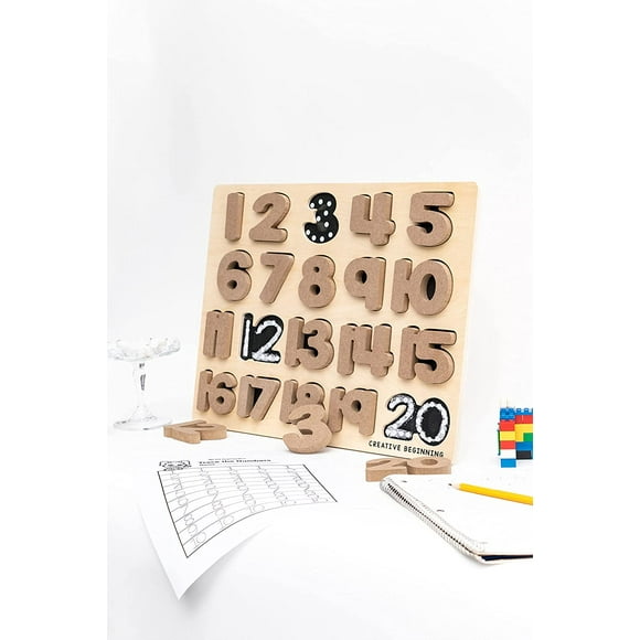 Creative Beginning Wooden Number Puzzle for Kids Ages 3-5 with Tracers & Chalkboard Base, ABC Learning and Number Matching Educational Toy