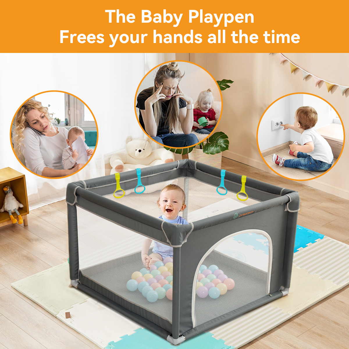 Baby Playpen, 36x36x27inch Portable Soft Mesh Sturdy Pipe Ample Space for Toddler, Gray - image 3 of 8