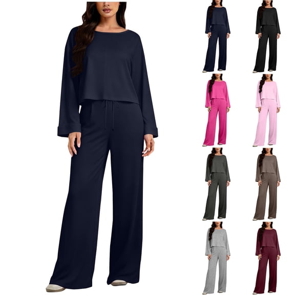 CHUMUD Two Piece Sets for Women Petite Wide Leg Pants Set Summer Outfits Long Sleeve Top Trousers Lounge Matching Sets Casual Going Out