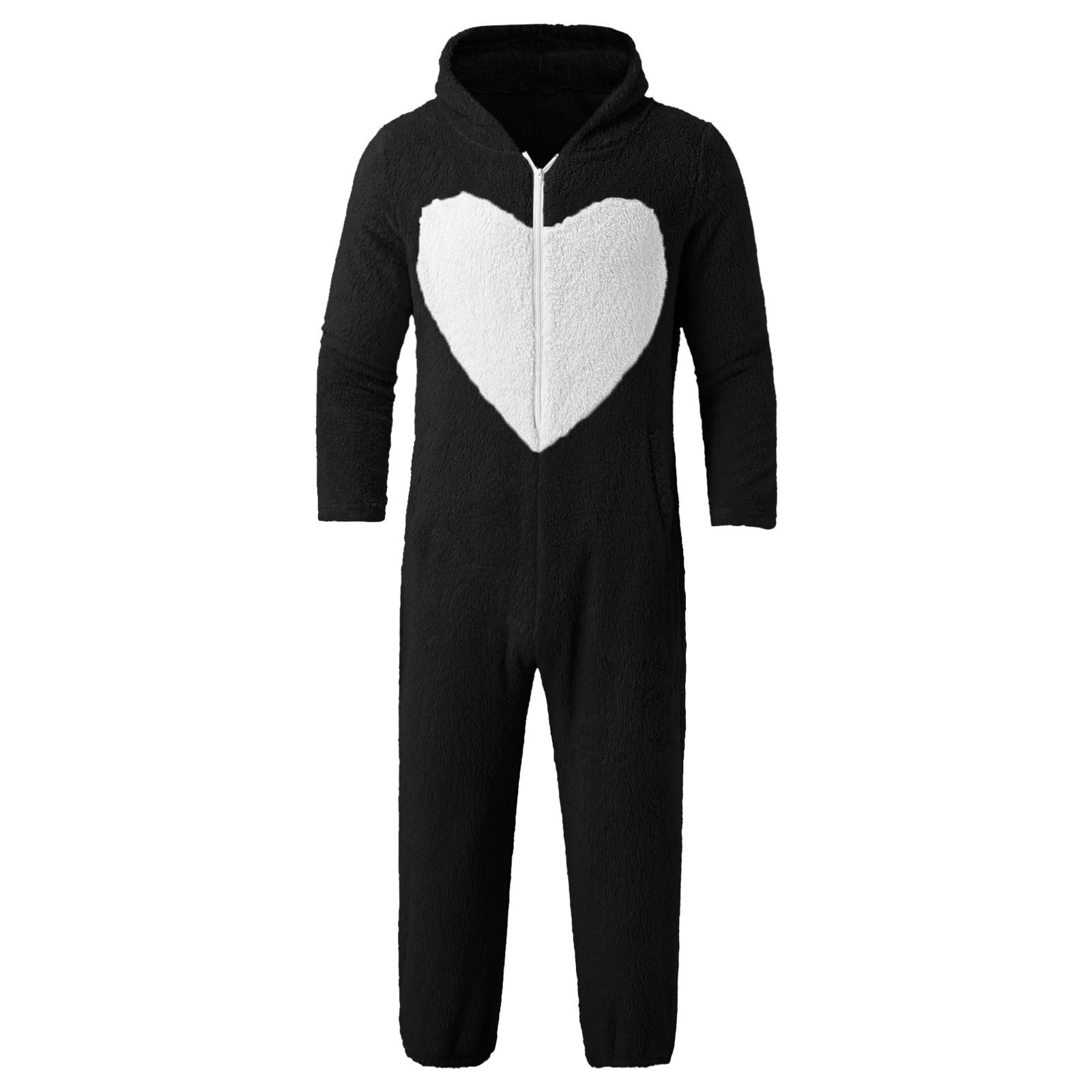 JUUYY Men's Fleece Onesie Hooded Jumpsuit Zip Up Love Patchwork One-Piece Pajamas Playsuit Jogger Sweatsuit Sleep Onesies Romper Black M
