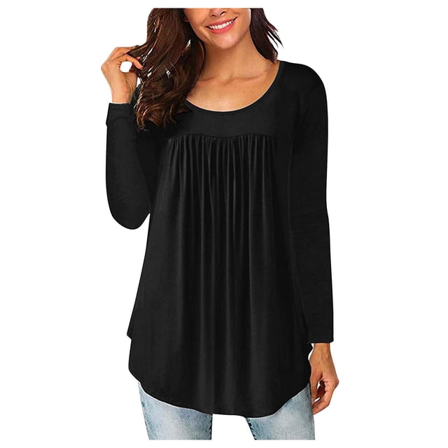 Pompotops Femmes Casual Couleur Unie Manches Longues Col Rond Basique Confortable Tunique T-Shirts