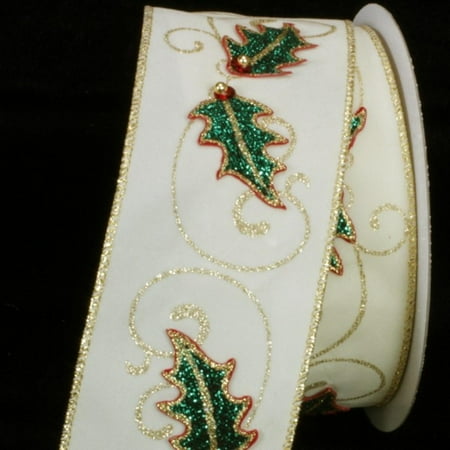 Ivory Holly - Ivory Velvet with Holly Leaf Applique Wired Craft Ribbon 2.5