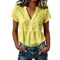 thumbnail image 3 of ClodeEU Women's V Neck Pleated Short Sleeve Blouse, Casual Loose Fit Solid Color Top Yellow,Women's Plus M, 3 of 6