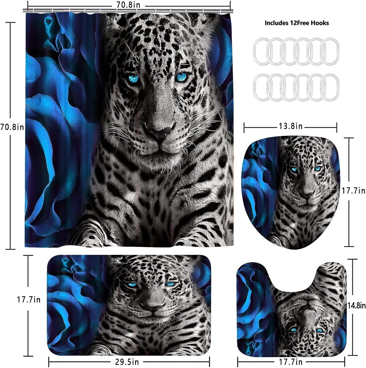 4PCS Blue Rose and Leopard Shower Curtain Bathroom Set with Rugs, Toilet Lid Cover and Bath Mat, Blue Shower Curtain with 12 Hooks, Durable Bathroom Decor Set