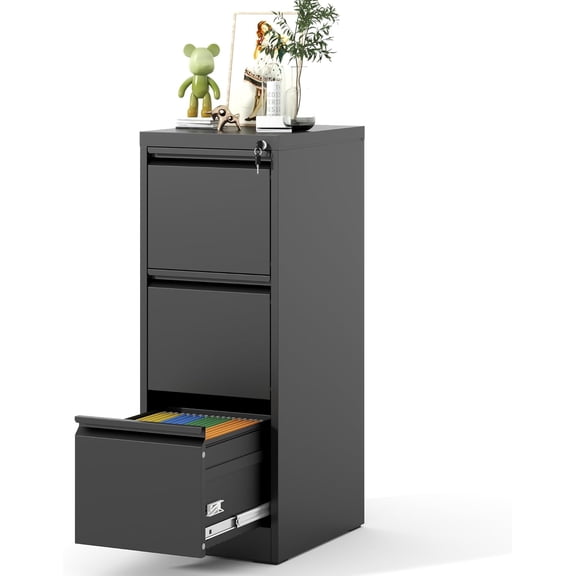 File Cabinet, Vertical File Cabinets with Lock for Home Office,Heavy Duty Office Steel Filing Cabinet for Hanging Letters/Legal/A4, Assembly Required (Black, 3 Drawers)