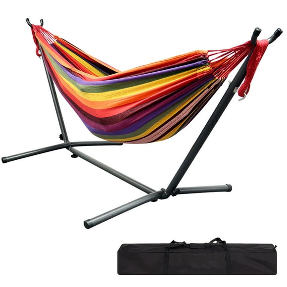 9Ft Double Hammock with Space Saving Steel Stand, 2 Person Heavy Duty Standing Hammocks with 450lb Capacity and Portable Carrying Bag