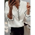 thumbnail image 4 of Female'S Pearl Beaded Long Sleeve Sweater V Neck Ruffle Trim Knitted Pullover Tops White L, 4 of 7