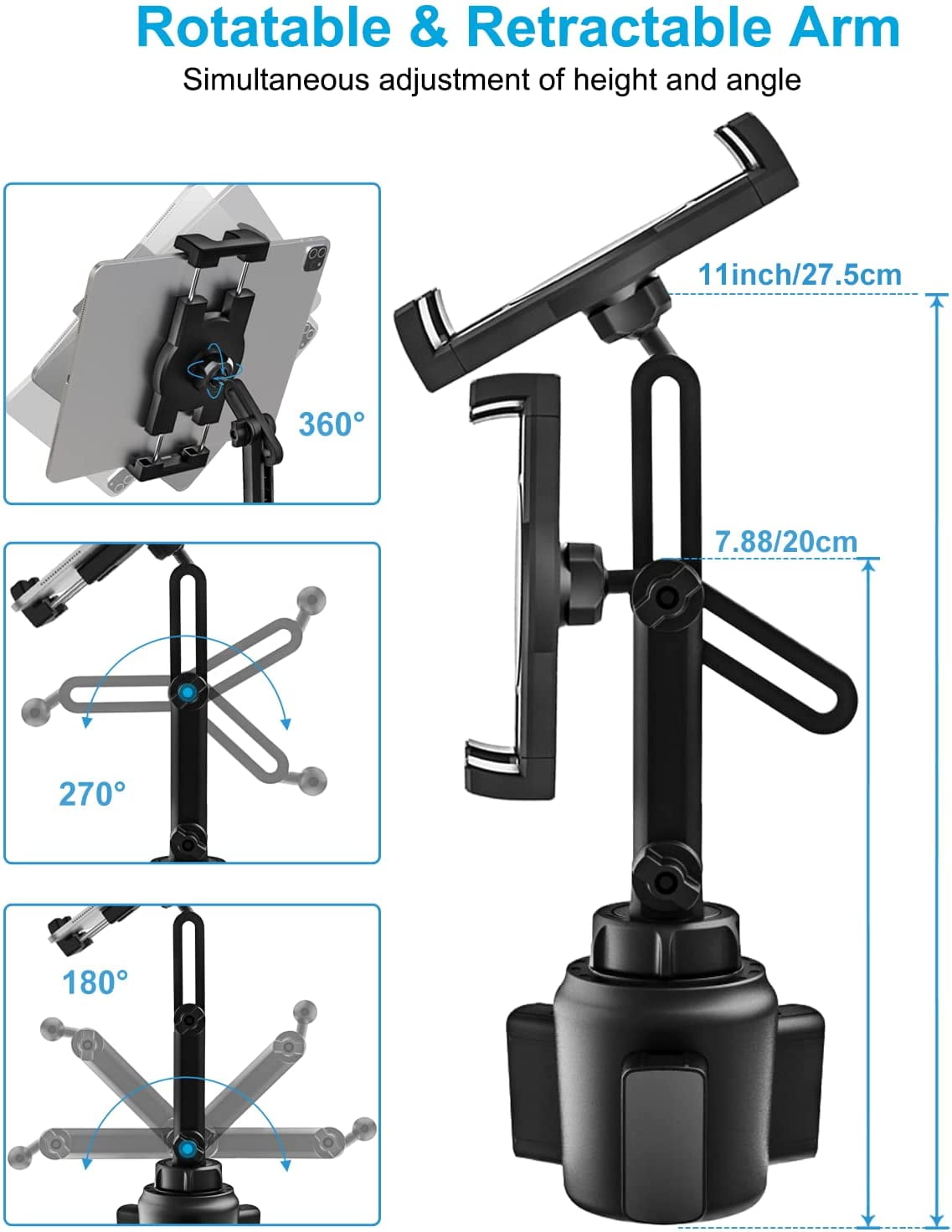 Support Tablette Voiture Universel - Fixation Porte-Gobelet, Bras Télescopique 360° Pour IPad, Samsung, IPhone - 5