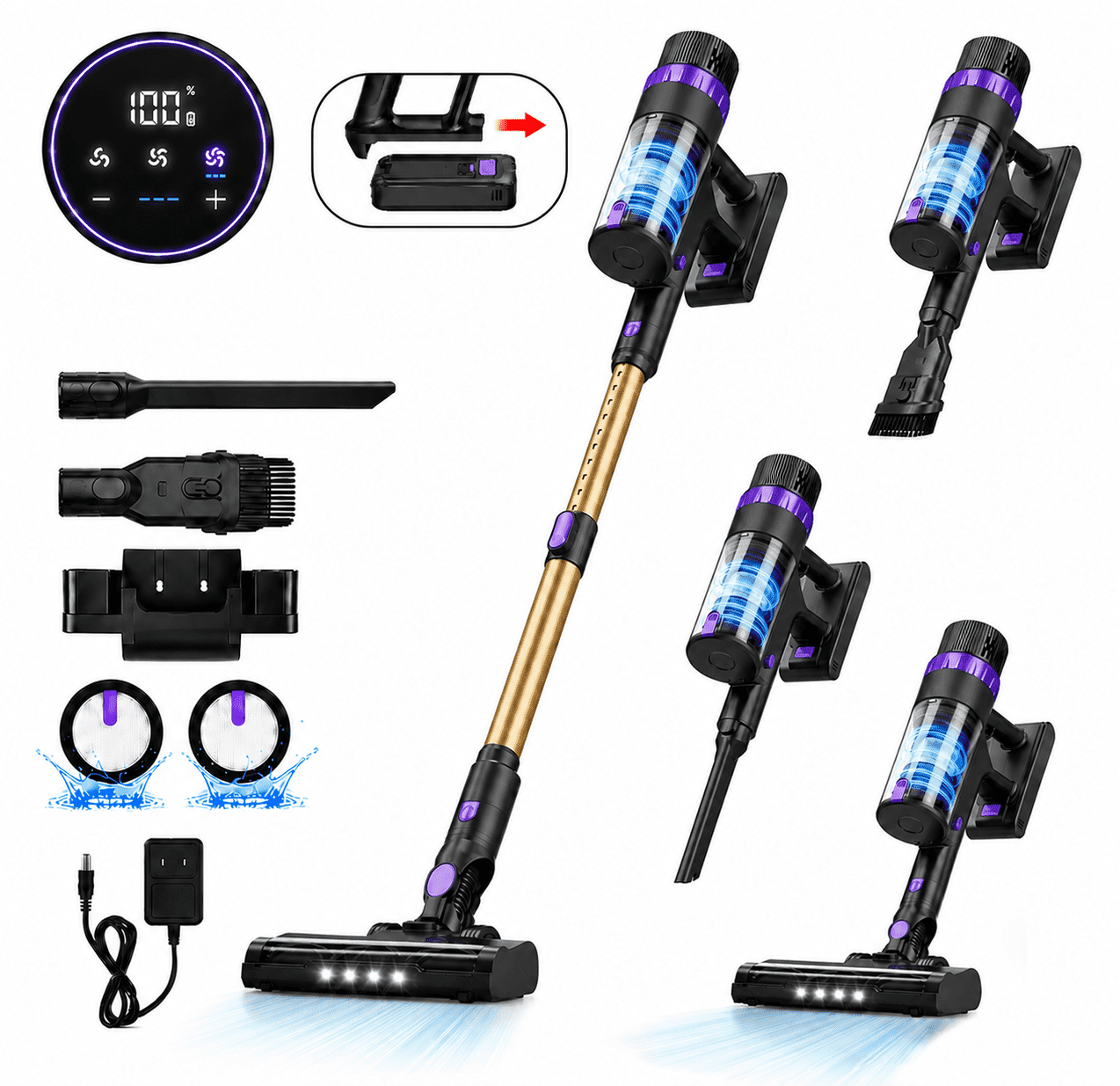 Prettycare Cordless Vacuum Cleaner, 48KPA 530W, 8*2600mAh 55mins Runtime 9 in 1 Stick Vacuum for Home Pet Hair Carpet Wood Floor