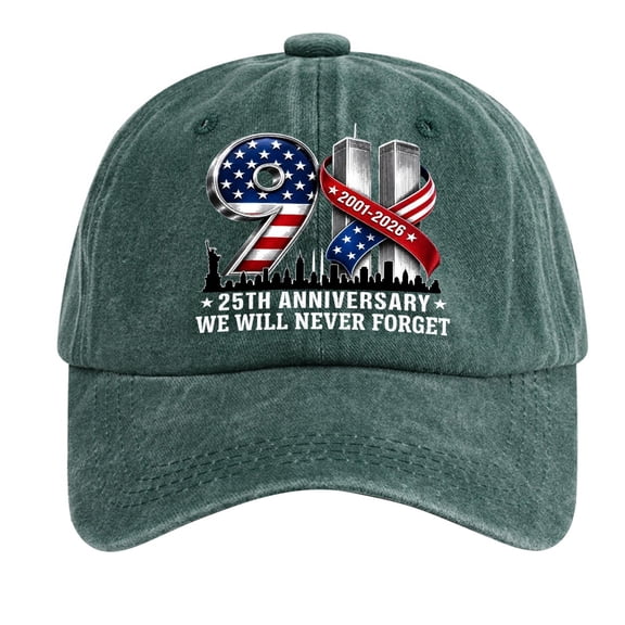 9.11 Never Forget 25th Anniversary Baseball Cap,Memorial Hat | Distressed patriotic cap featuring tribute lights, city skyline and a bold remembrance message for commemorative occasions.