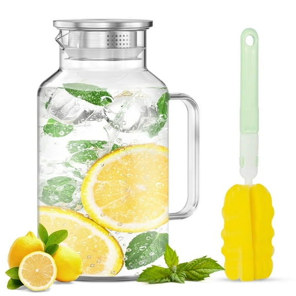 GPED 68 oz Glass Pitcher with Lid and Spout, 2 Liter Water Pitcher with Handle, Borosilicate Glass Jugs, Stainless Steel Filter Lids, Heat Resistant Carafes for Drinks, Dishwasher Safe