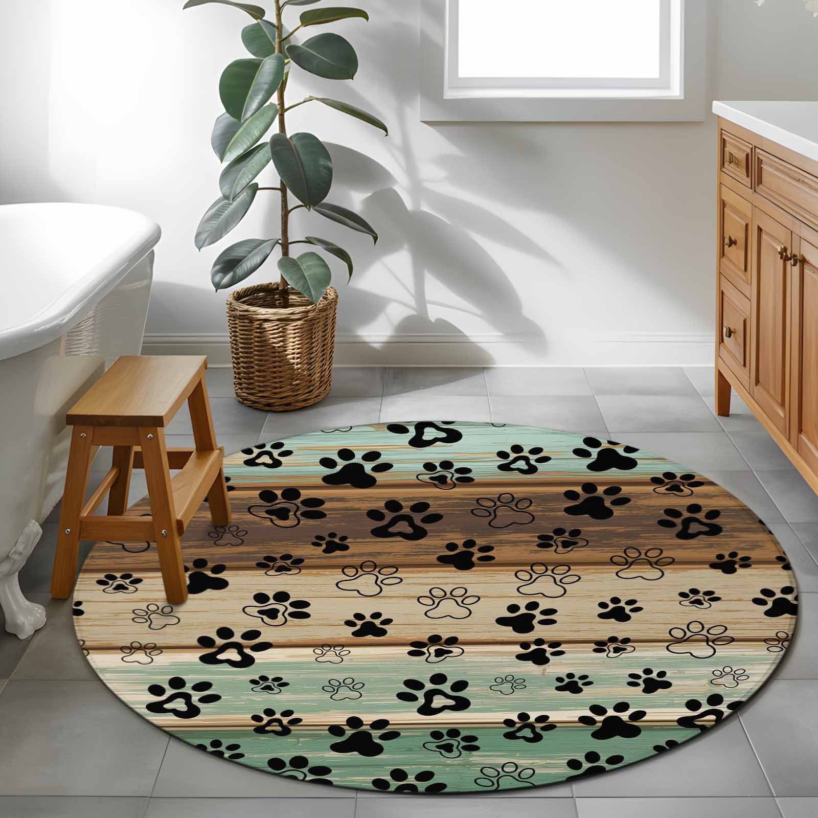 Round Rugs 4Ft, Teal Brown Round Area Rug Washable Indoor Throw Carpet, Pet Paw Printed Farmhouse Dog Claws Wood Grain Soft Non Slip Circle Rug for Kitchen Nursery Room Home Decor Aesthetic