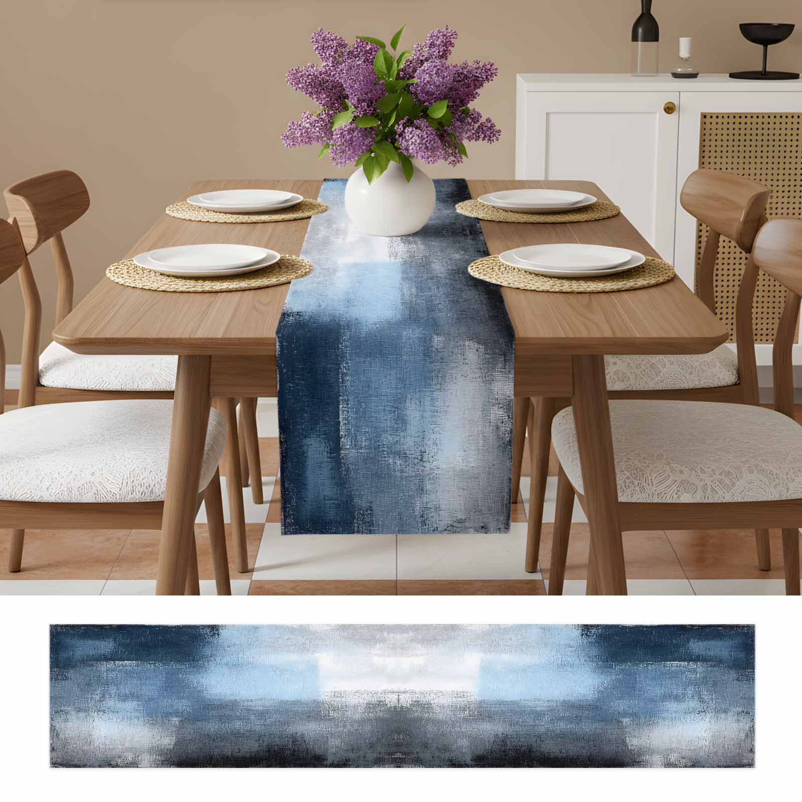 Blue Grey Table Runner, Modern Oil Painted Art Abstract Geometric Washable Cotton Linen Table Runners 90 Inches Long, Dresser Scarf Runner for Dining/Coffee/Kitchen/Hallway Tables 13''x90''