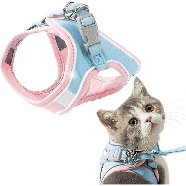 Arnés de gato y Leas, a prueba de escape, arnés de gato, suave y reflectante, chaqueta para caminar de gato con correa para mascota cachorro, gatito, interior, exterior, rosa Feliz Sencillez
