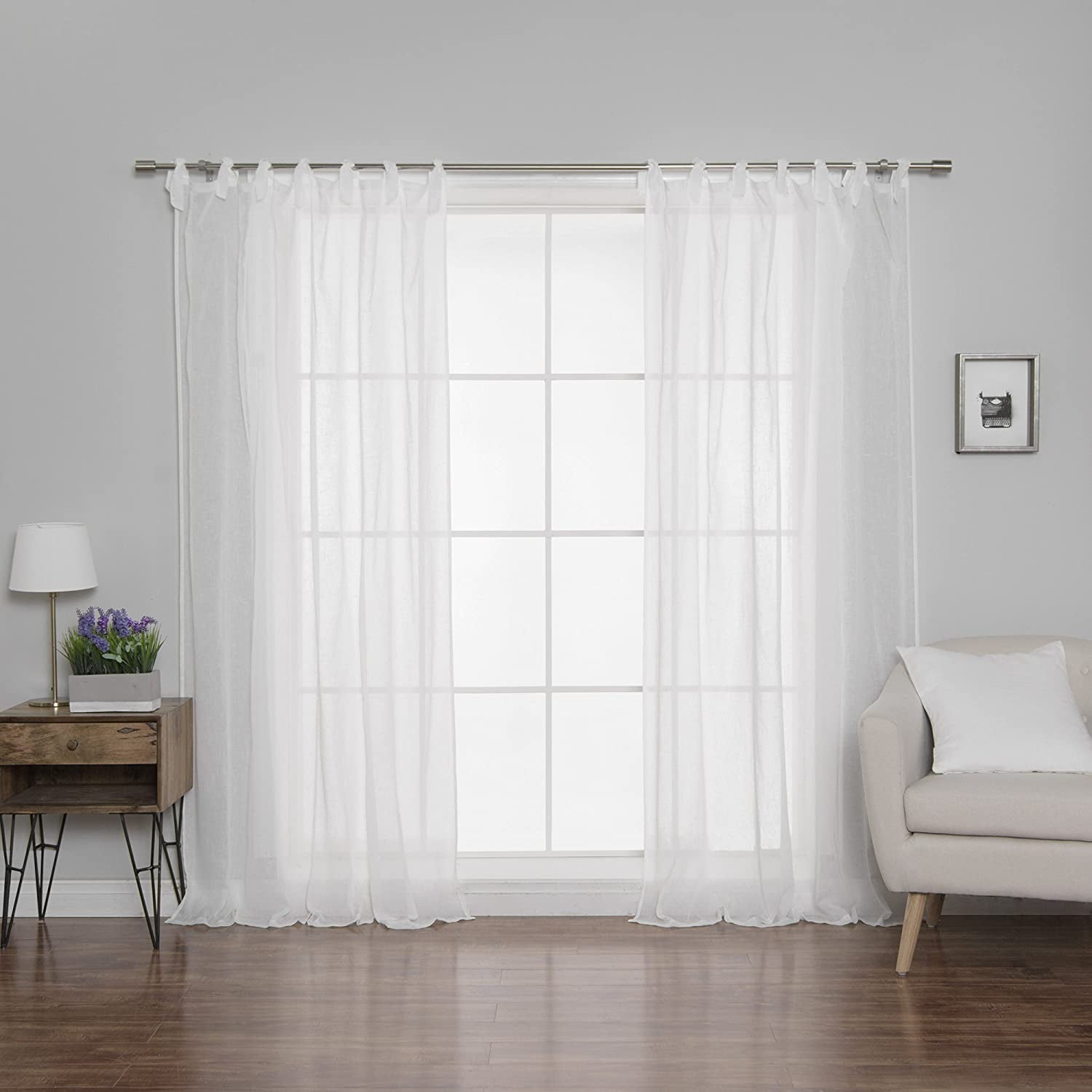 Quality Home Romantic Faux Linen Sheer Tie Top Curtains Tie Top