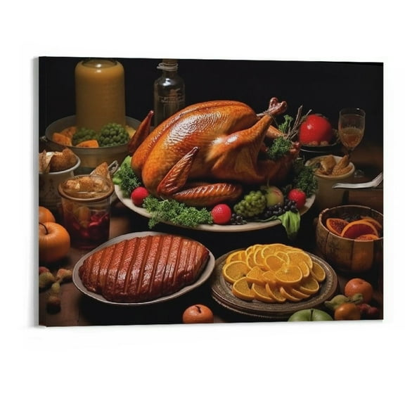 JRXY Thanksgiving Dinner Turkey Pumpkin Pie Canvas Painting Wall Art 20x16 Modern Home Decor 20x16in