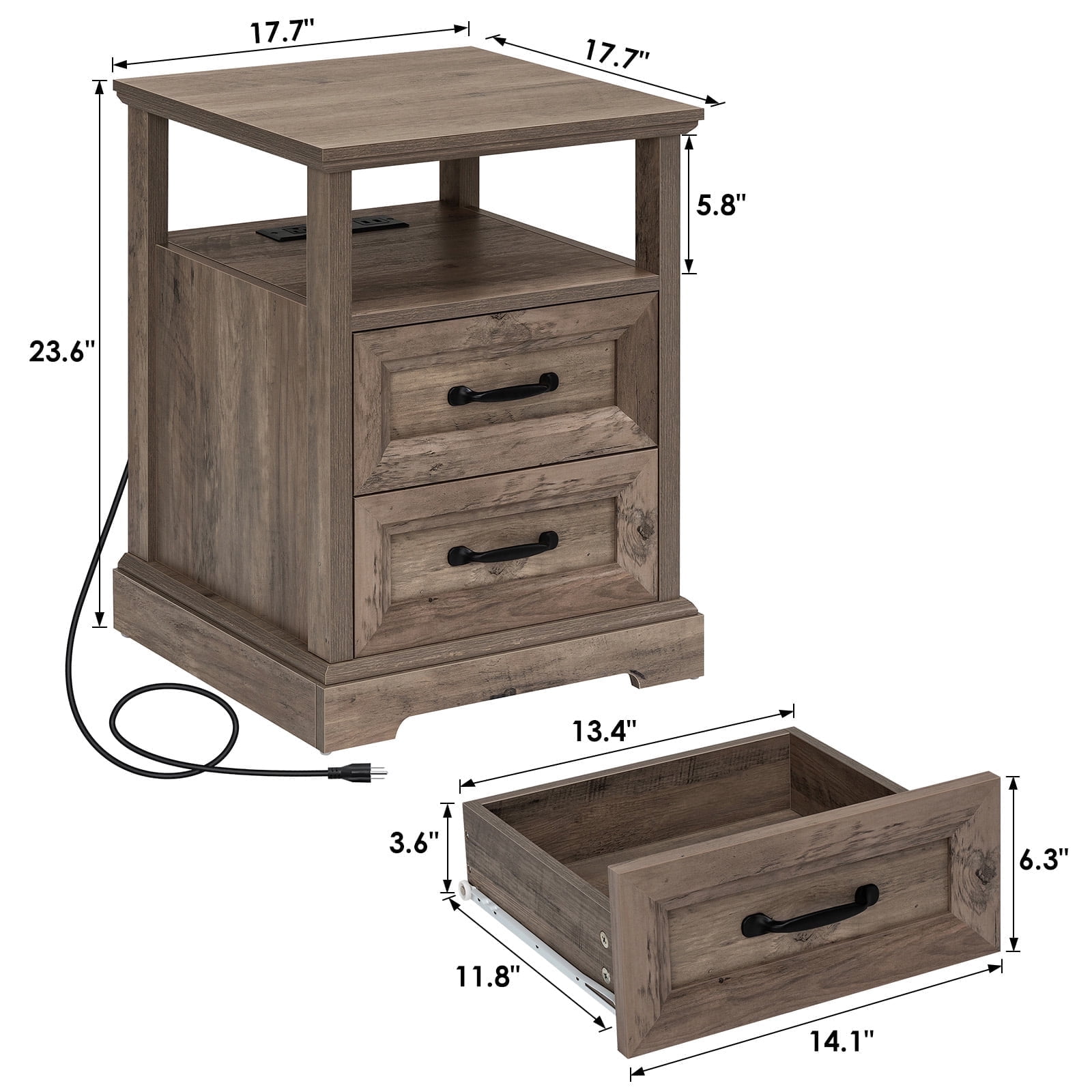 Hommpa Farmhouse End Tables for Living Room, Nightstand with Charging Station, Rustic Sofa Side Table with 2 Drawers and Storage Shelf, Bedside Cabinet for Bedroom, Light Ivory
