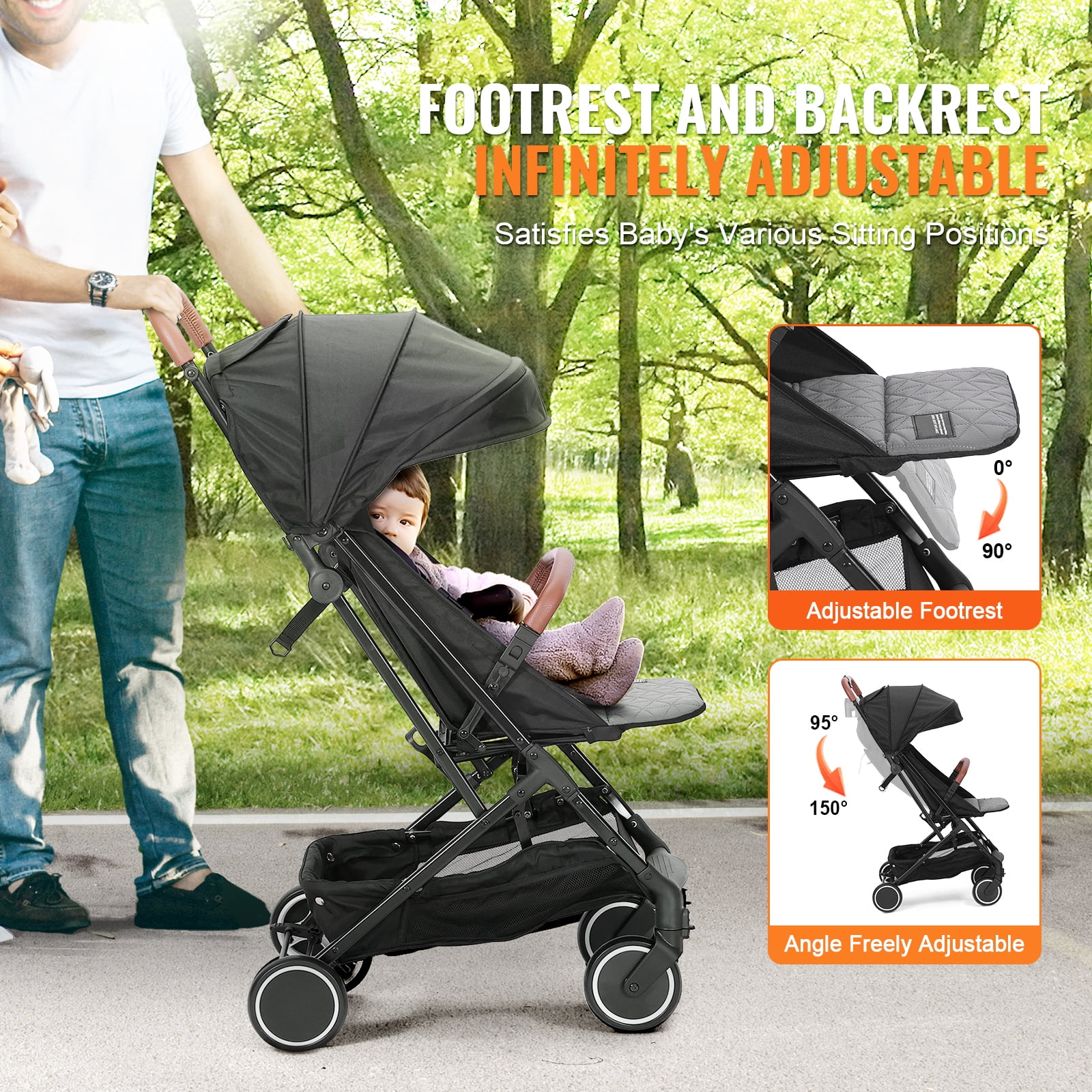 KFFKFF Baby Stroller, One-click Folding Umbrella Stroller Lightweight Travel Stroller for Newborn Baby, Black