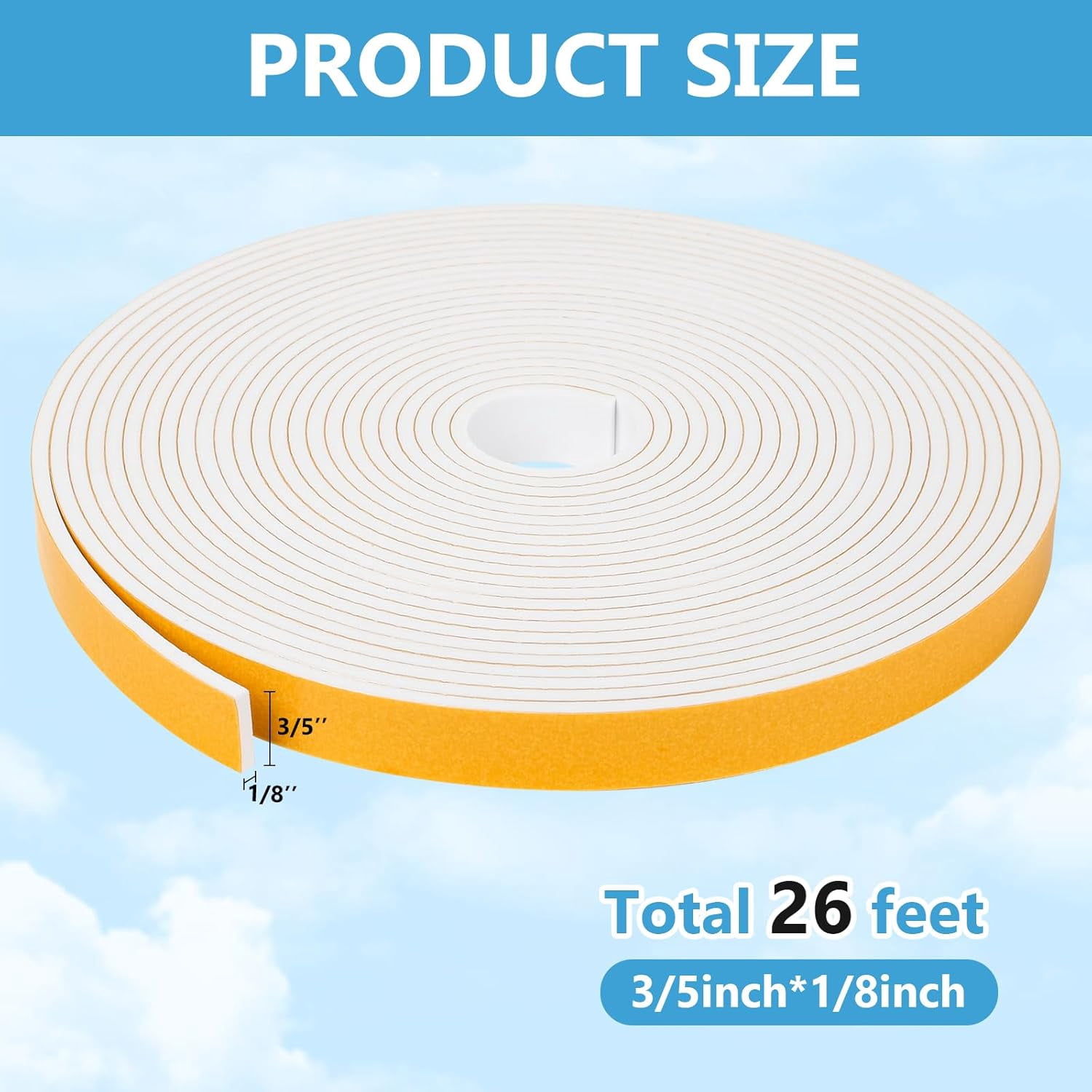 FRKSMD-Weather Stripping Door Seal Strip (3/5 Inch X 1/8 Inch X 26Feet), Strong Adhesive, Lightproof, Soundproof, Weatherproof Foam Tape Insulation for Sliding Door, Front Door Frame, Windows- White
