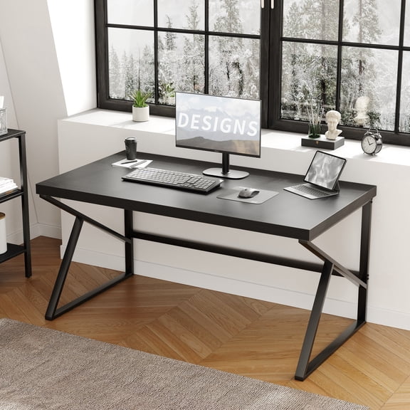 Paasyonmate Computer Desk Wood Metal, Black Modern Office Desk 55 Inch