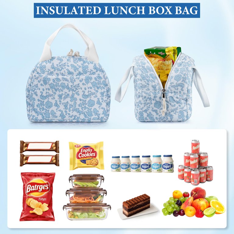 Large Insulated Lunch Bag For Adults - Corduroy Tote With Removable Strap, Leakproof (Blue/White)