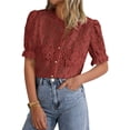 thumbnail image 1 of Blusa PRETTYGARDEN de encaje de manga corta con botones para mujer, 1 of 6