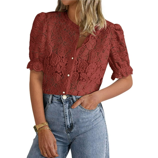 Blusa PRETTYGARDEN de encaje para mujer, manga corta, marrón y rojo