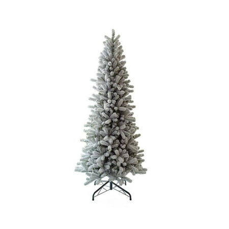 King Of Christmas 7.5ft Snow Flocked Hinged Slim Artificial Christmas Tree Unlit, King Flock Thin Xmas Tree