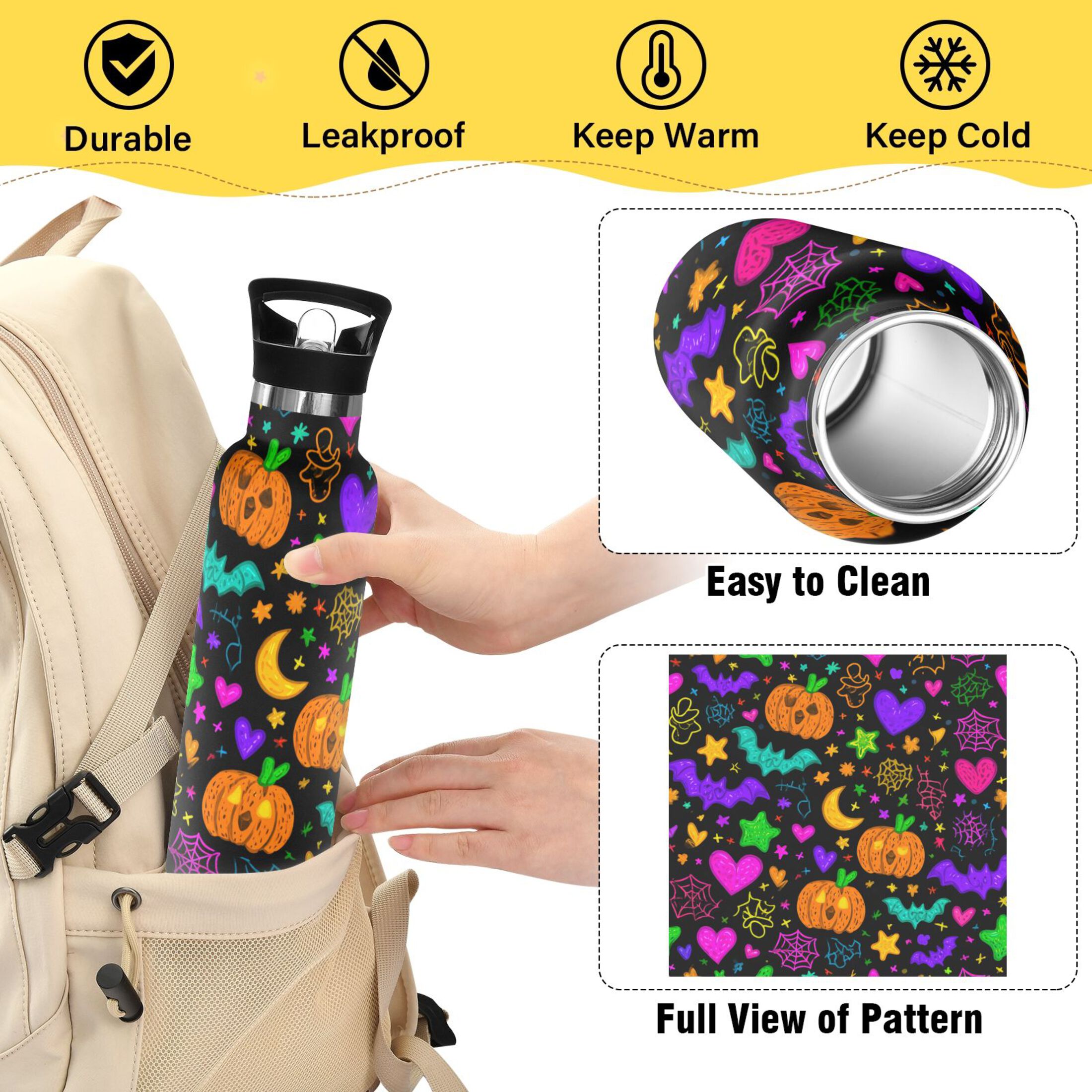 Kids Insulated Stainless Steel Sports Water Bottle 600ml (20oz) Colorful Cartoon Halloween Symbols