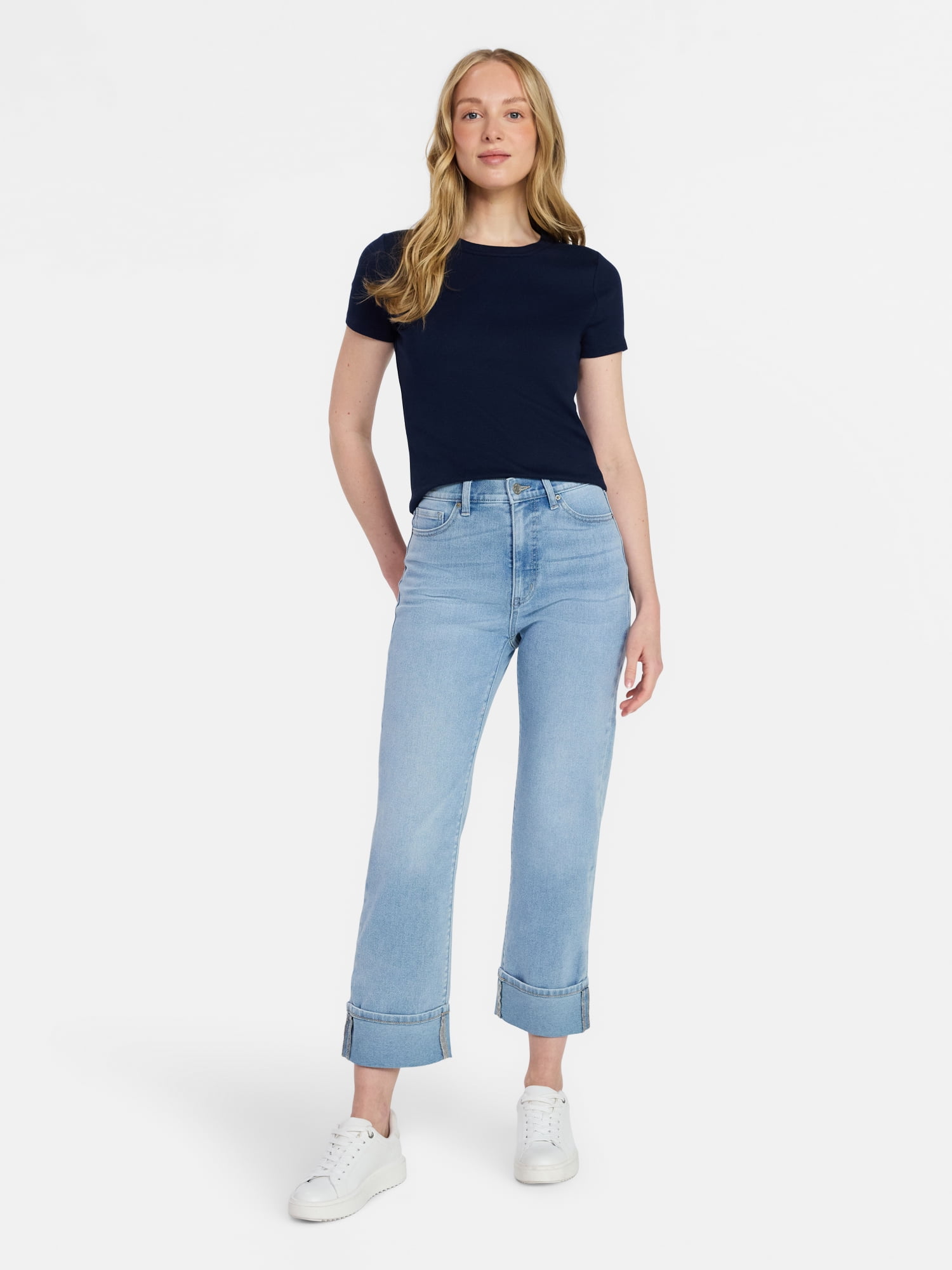 Time and Tru Women's High Rise Straight Leg Cuffed Jeans, 26.5" Inseam, Sizes 0-20