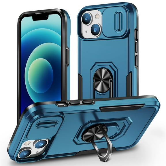 for iPhone 14 Plus Hard Case, with Camera Cover & Kickstand Holder, Built-in 360°Rotate Ring Stand Anti-scratch Drop Protection Magnetic Phone Case for Apple iPhone 14 Plus - Blue