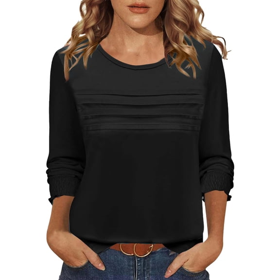 Women Tops Long Sleeve Blouses Dressy Casual Crewneck Pleated Tunic Shirts Loose Fashion Clothes