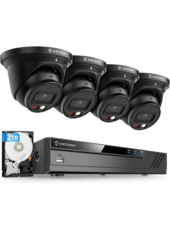 Amcrest 4K Security Camera System, 4K 8CH PoE NVR, (4) x 4K Night Color Turret POE IP Cameras, Active Deterrent, Pre-Installed 2TB Hard Drive, NV4108E-2779EB4-2TB (Black)