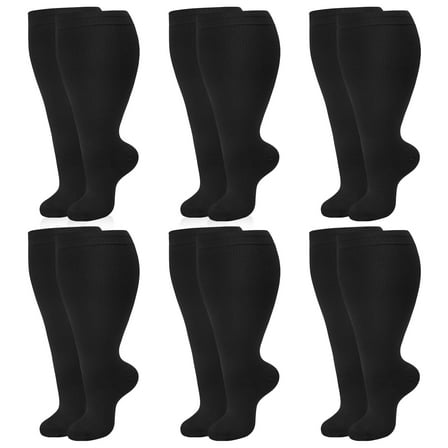 Hengguang 6 Pairs Plus Size Compression Socks for Women Men, Extra Wide Calf 20-30 mmHg 14.8 Inches, Solid Black Swelling Comfort Socks