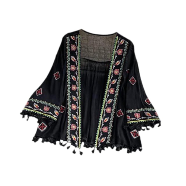 Cárdigan boho de mujeres, cubierta casual de playa de verano en la parte superior para vestidos de playa bikini negro