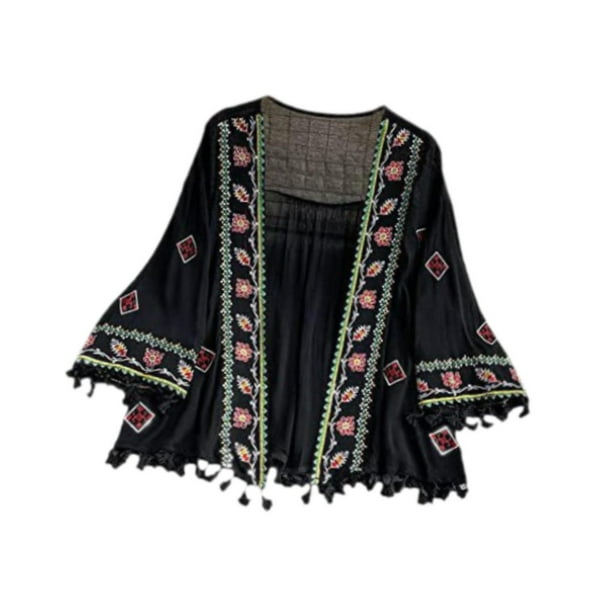 Cárdigan boho de mujeres, cubierta casual de playa de verano en la parte superior para vestidos de playa bikini negro