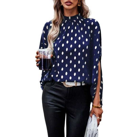 High Neck Spotted Print Dolman Sleeve Classic Blouse for Women Navy Medium