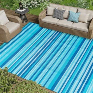 BERTHMEER 5'x8' Outdoor Plastic Straw Rugs on Clearance Waterproof Patio Rugs，Camping Rugs，Porch Rugs，RV Rugs，Deck Pool Rugs，Stripes，Blue