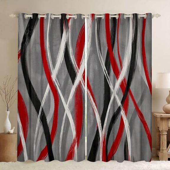 Homewish Modern Geometric Stripe Black Out Curtains.Abstract Waves Lines Curtains Pack of 2 (42x63 Each),Red Gray White Bedroom Curtains For Boys Kids,Microfiber Bedroom Decor