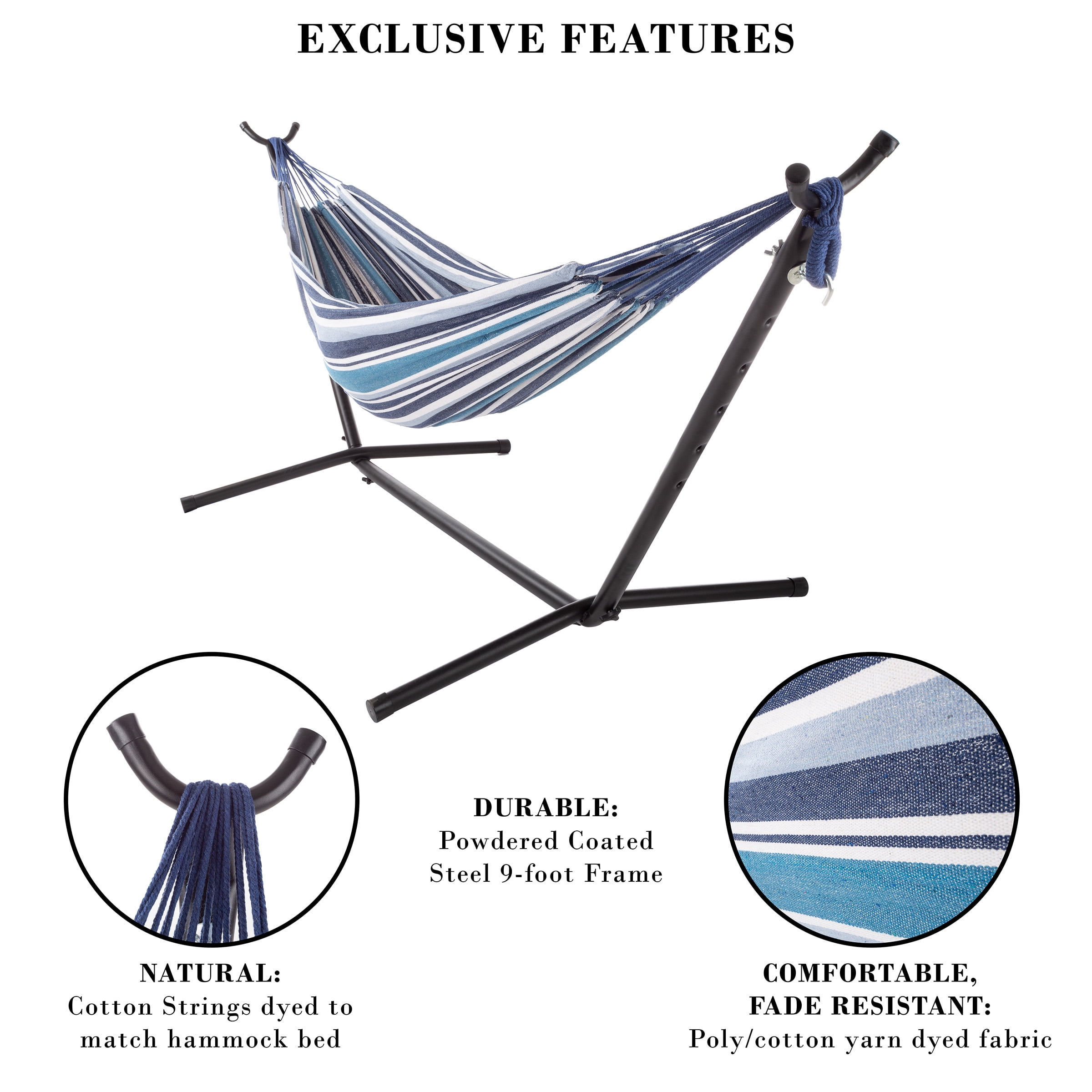Pure Garden 400lb Capacity 2 Person Double Hammock with Stand, Blue Stripe