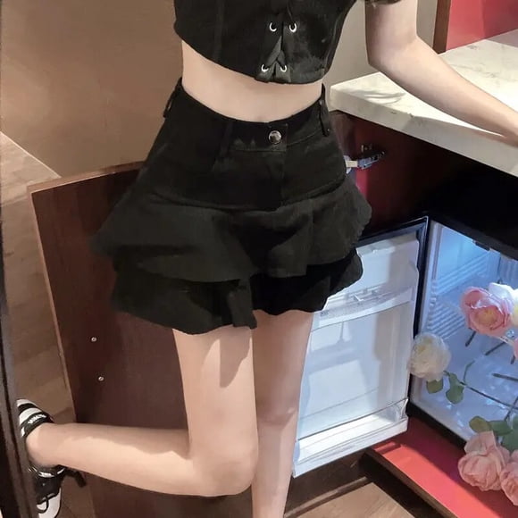 Jupe en Denim Aguichant Noire et Blanche Kawaii Mode Coréenne Mini Jupes pour Femmes Jupe à Double Feuille de Lotus Shorts