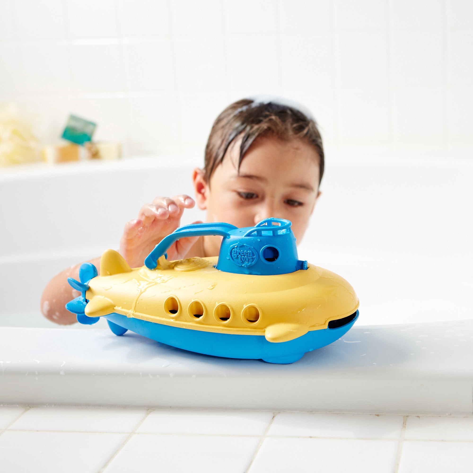 Green Toys: My First Submarine - Blue & Yellow - Floating Watercraft Bathtime Toy, Scoop & Pour Water Play, Recycled Plastic, Kids-Toddlers-Baby 6mo+
