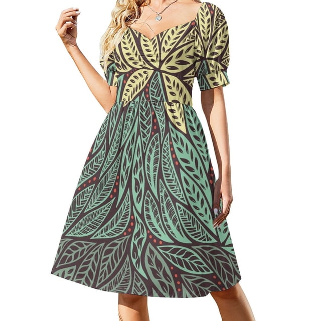 Robe Sans Manches à Motifs Floraux Polynésiens Tatouage Tribal Vert et Jaune Design Rétro Robes d'Été pour Femmes