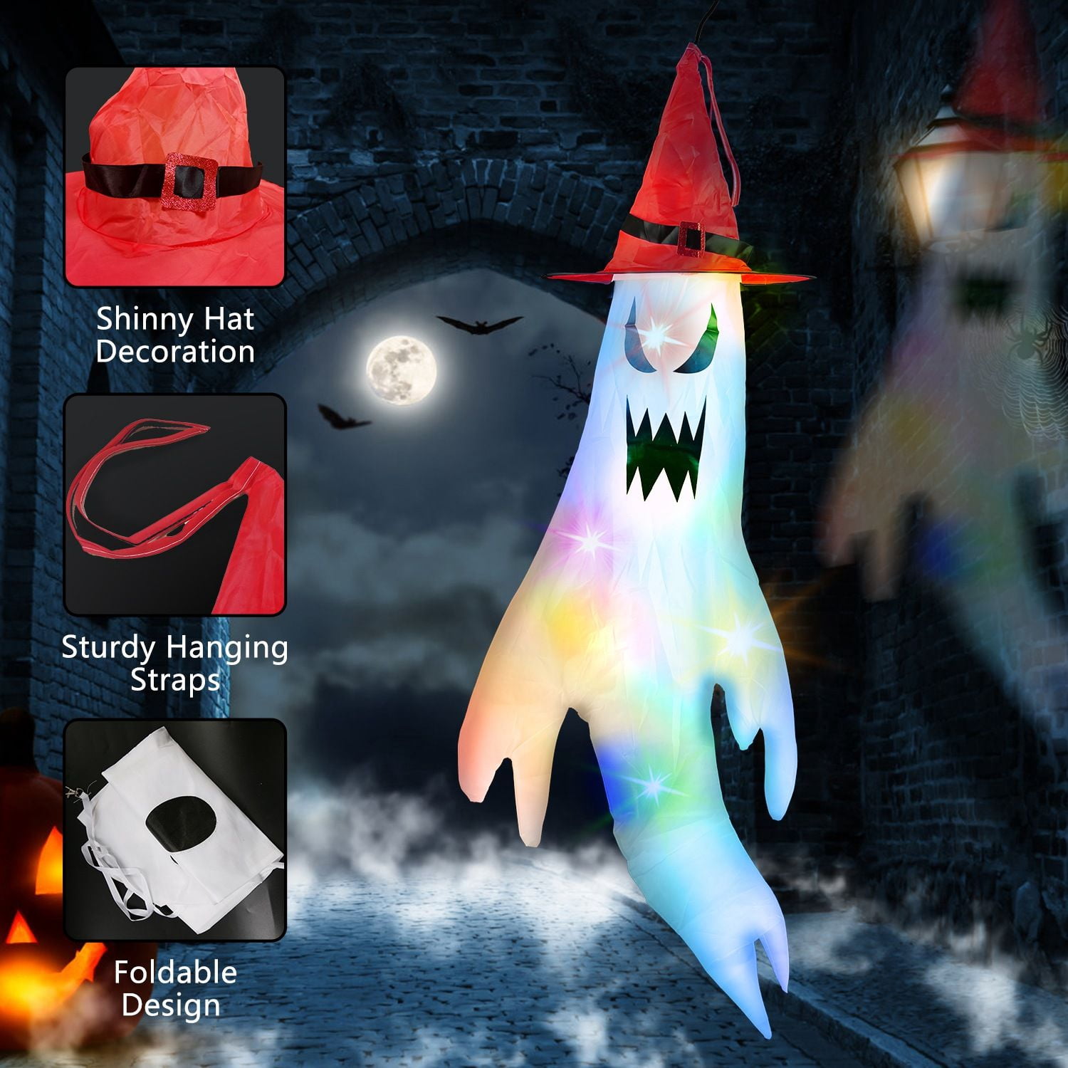 4Pcs Hanging Ghost Windsocks with Witch Hats LED String Lights Halloween Outdoor Decor